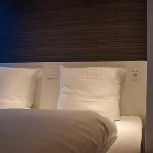 A neatly made bed with white pillows and a duvet is placed against a dark wood-panelled headboard. The headboard has both a power socket and the option to switch the light on and off. Soft lighting highlights the textures, and a window is partially visible to the left, letting in natural light.